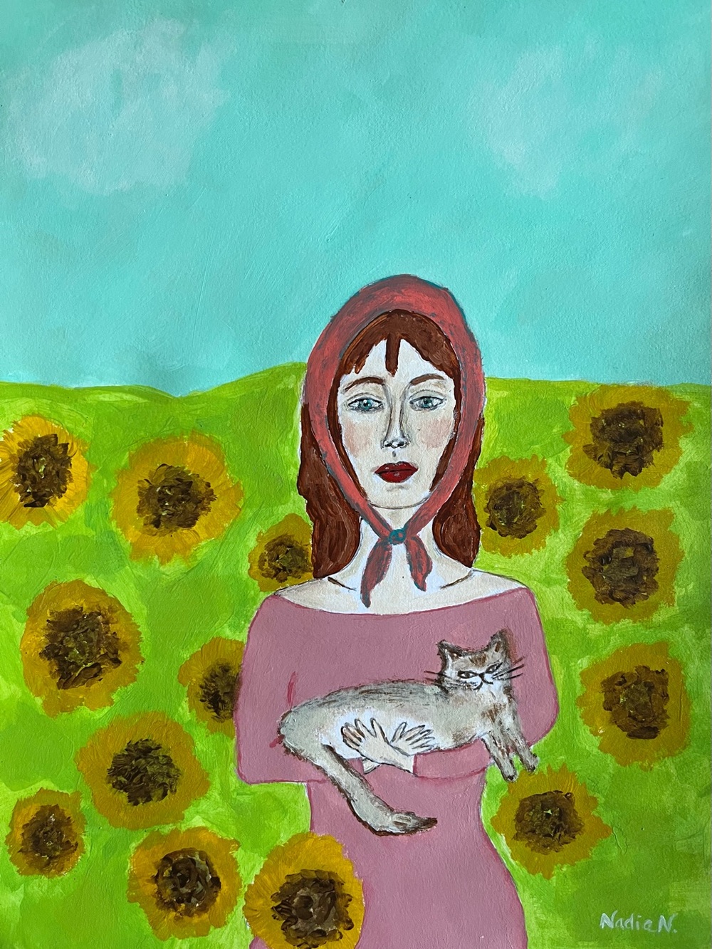 Original art Woman with Cat in Sunflower Field